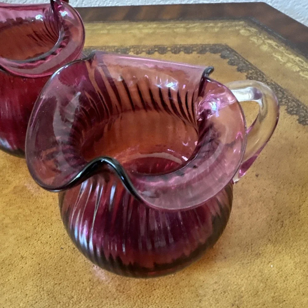 Vtg Pilgrim Glass Optic Cranberry‎ Pink Pitcher Ribbed Clear Handle + Sugar Bowl